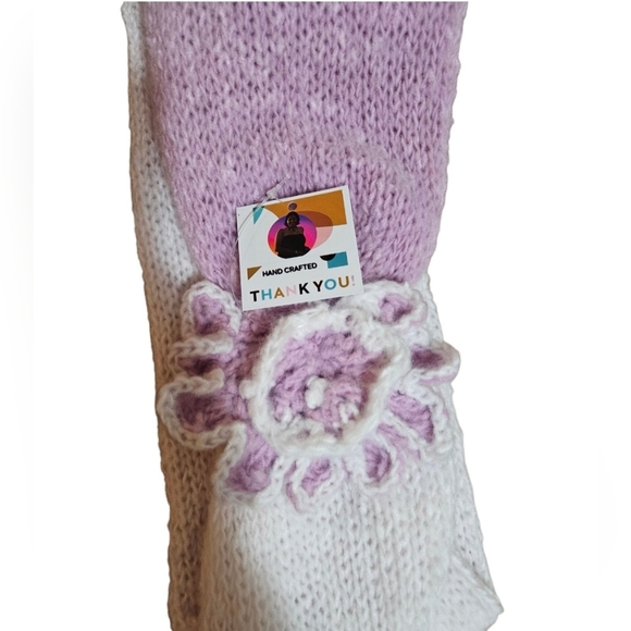 Hand Crafted 2pc Set Scaf & pom pom beanie purple crochet slauchy white striped - Picture 15 of 17